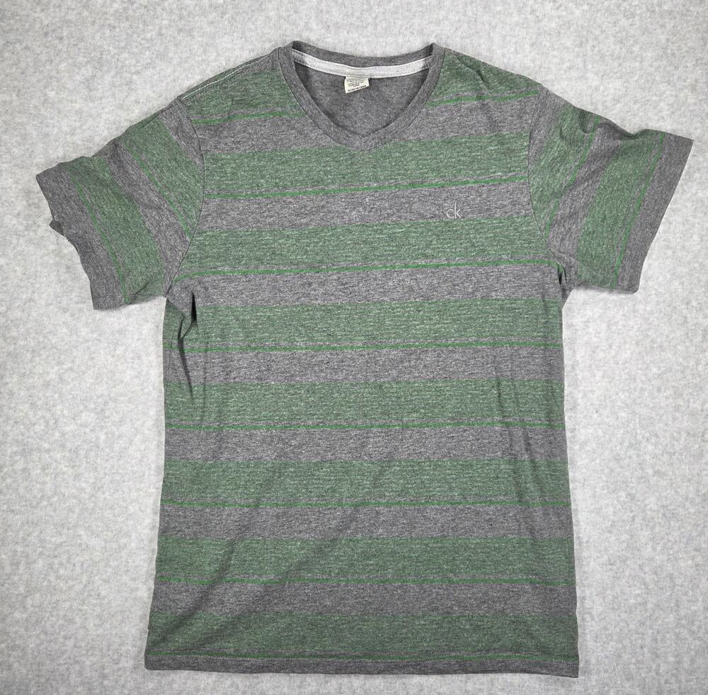 Calvin Klein Jeans Boys Size L (14/16) Striped V-Neck T-Shirt Grey Green CK Logo